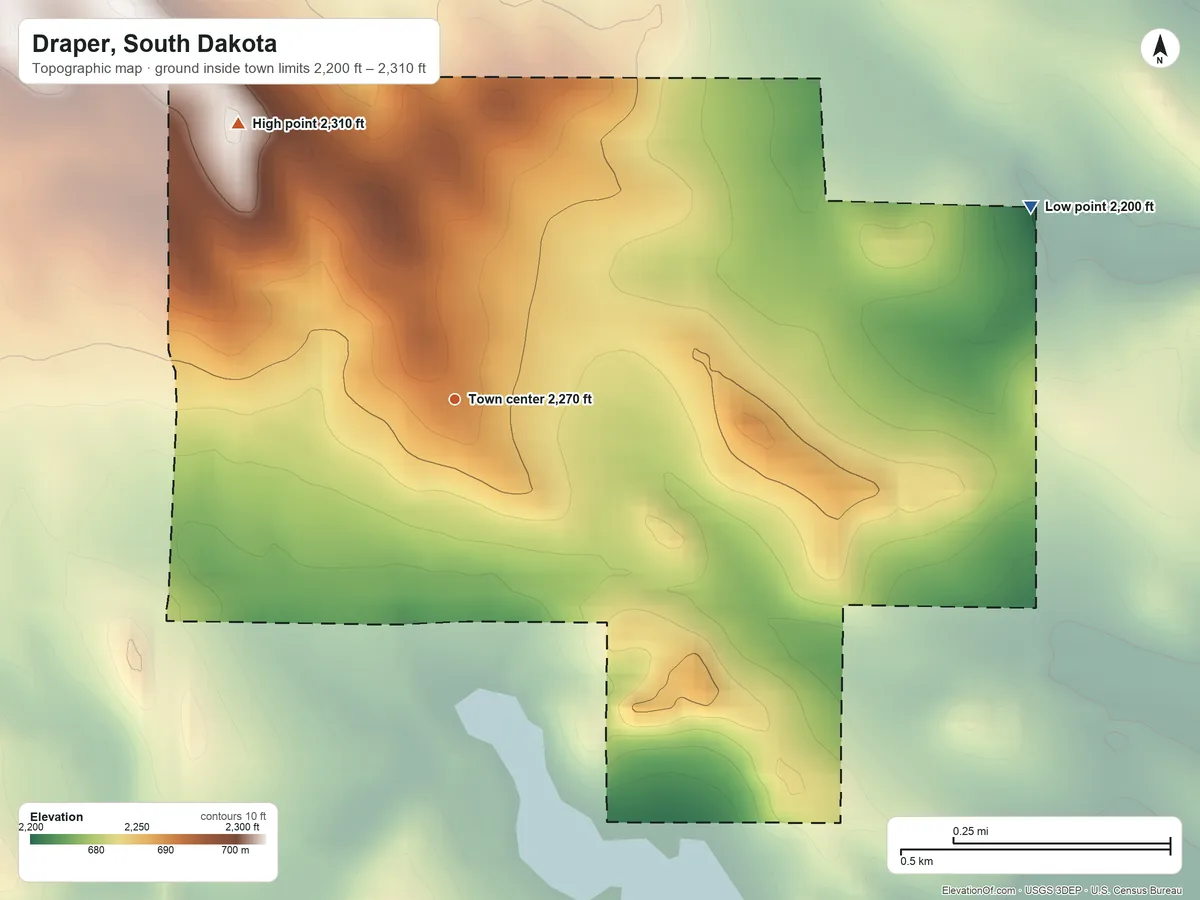 Topographic elevation map of Draper, South Dakota, shaded from 2,200 ft on the east side to 2,310 ft on the northwest side