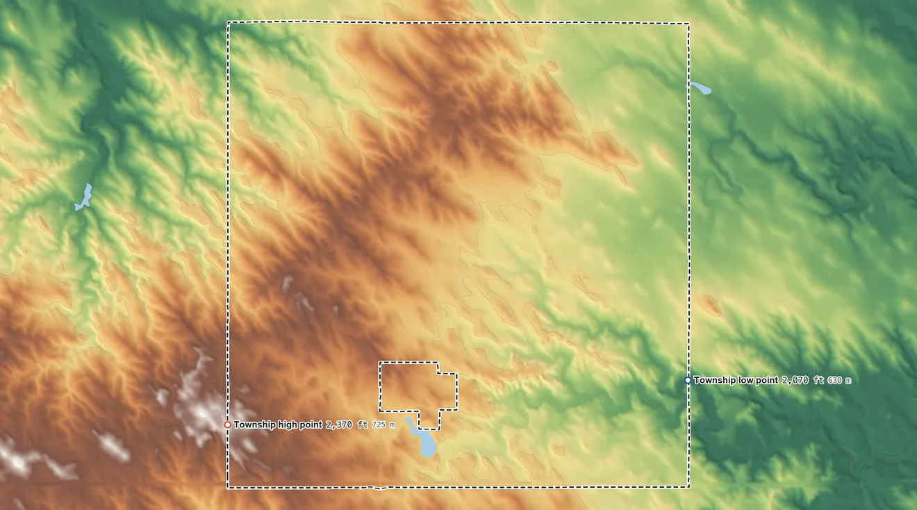 Topographic elevation map of Draper Township, South Dakota, shaded from 2,070 ft on the east side to 2,370 ft on the southwest side