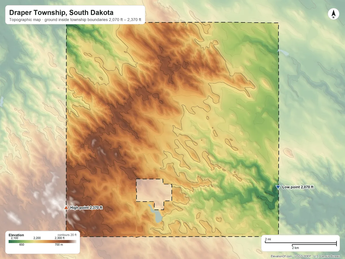 Topographic elevation map of Draper Township, South Dakota, shaded from 2,070 ft on the east side to 2,370 ft on the southwest side
