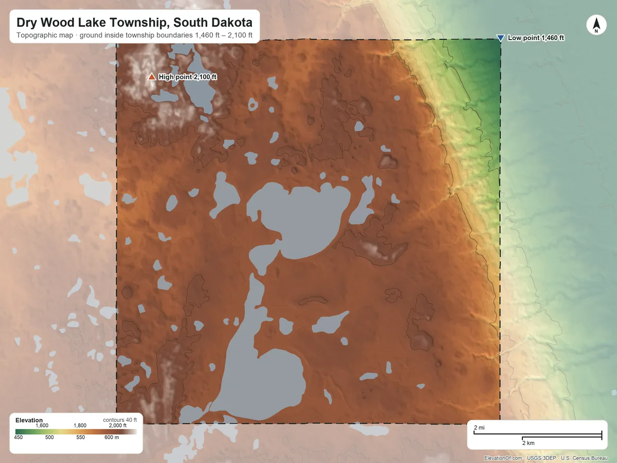 Topographic elevation map of Dry Wood Lake Township, South Dakota, shaded from 1,460 ft on the northeast side to 2,100 ft on the northwest side