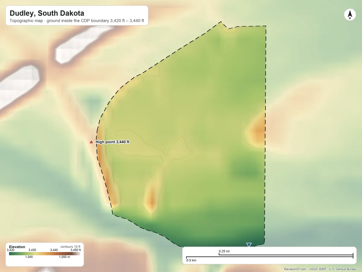 Topographic elevation map of Dudley, South Dakota, shaded from 3,420 ft on the southeast side to 3,440 ft on the southwest side