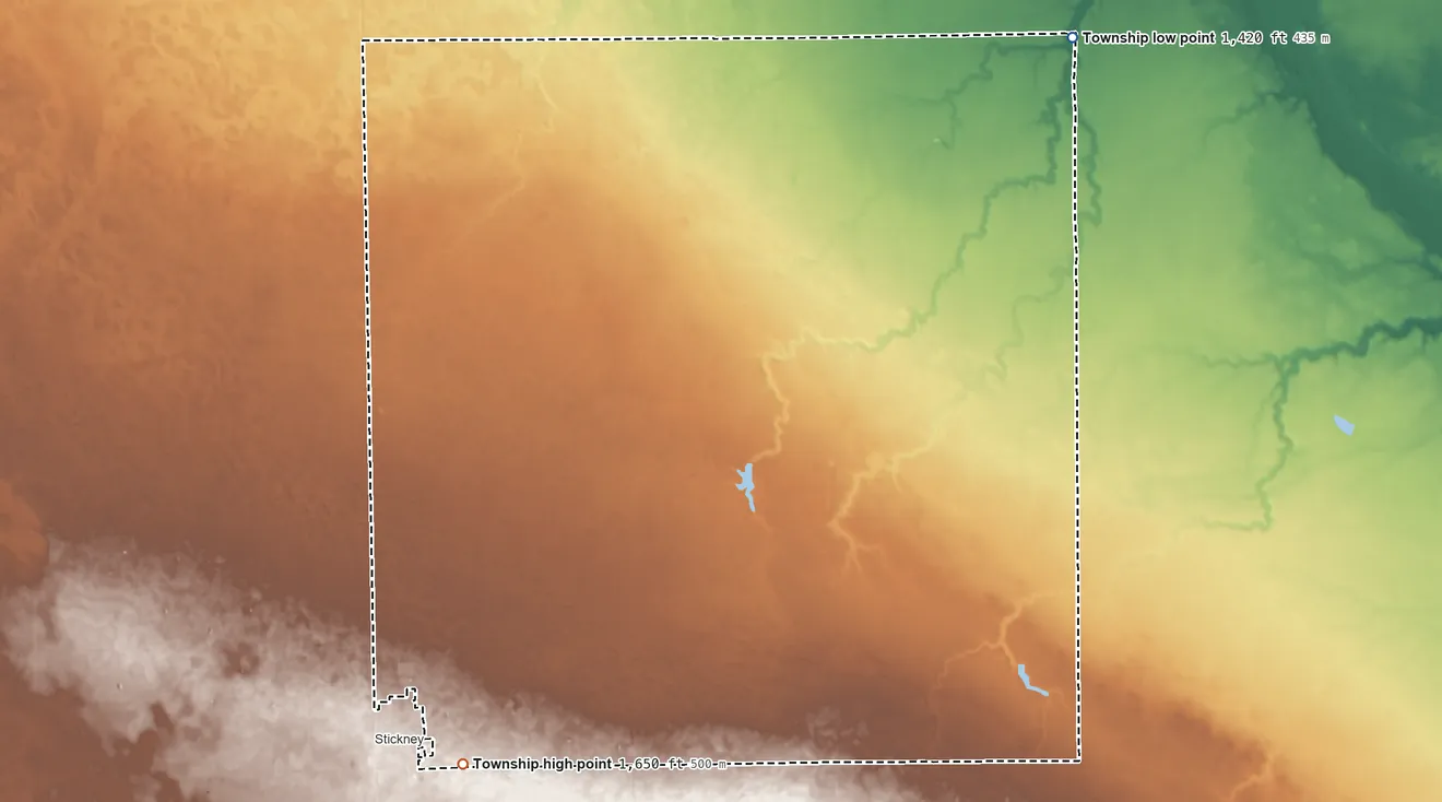 Topographic elevation map of Dudley Township, South Dakota, shaded from 1,420 ft on the northeast side to 1,650 ft on the southwest side
