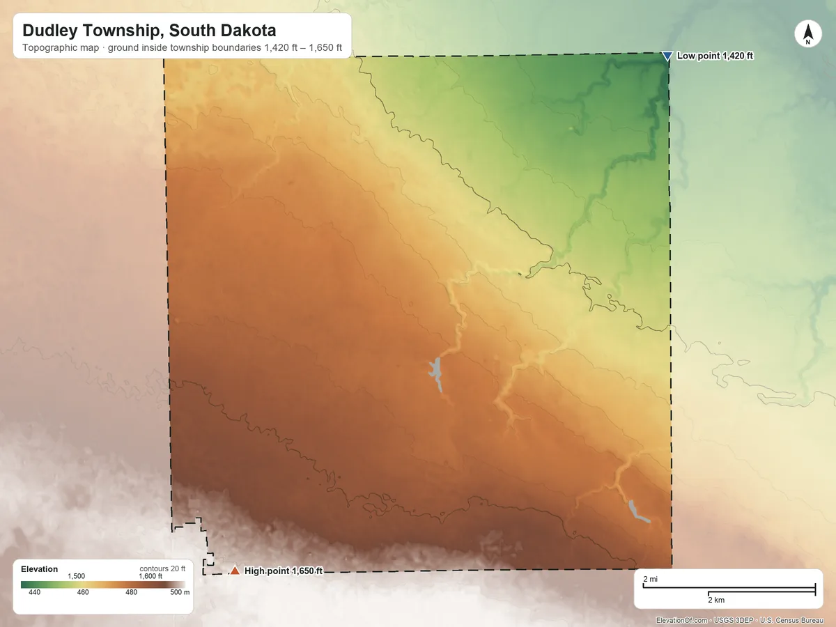 Topographic elevation map of Dudley Township, South Dakota, shaded from 1,420 ft on the northeast side to 1,650 ft on the southwest side