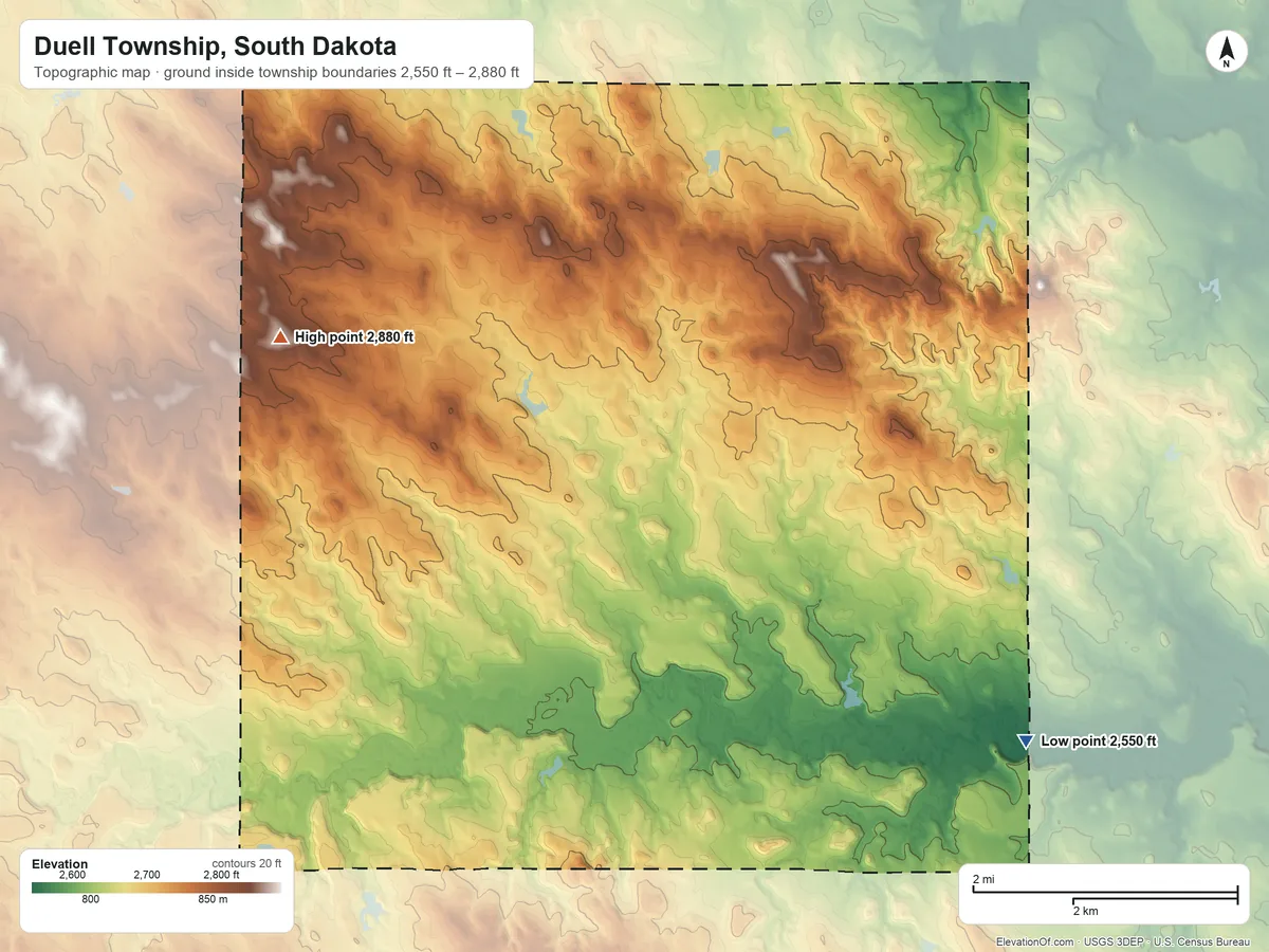 Topographic elevation map of Duell Township, South Dakota, shaded from 2,550 ft on the east side to 2,880 ft on the northwest side
