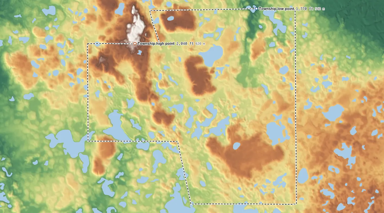 Topographic elevation map of Dumarce Township, South Dakota, shaded from 1,770 ft on the northeast side to 2,040 ft on the northwest side