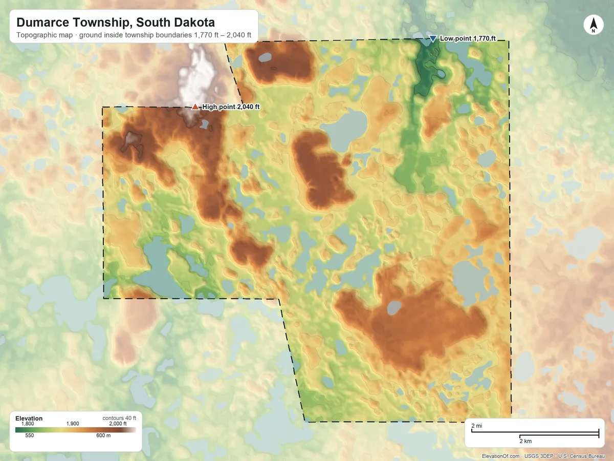 Topographic elevation map of Dumarce Township, South Dakota, shaded from 1,770 ft on the northeast side to 2,040 ft on the northwest side