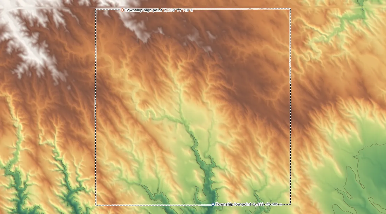 Topographic elevation map of Dunkel Township, South Dakota, shaded from 1,920 ft on the south side to 2,330 ft on the northwest side