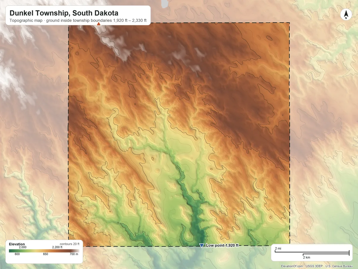 Topographic elevation map of Dunkel Township, South Dakota, shaded from 1,920 ft on the south side to 2,330 ft on the northwest side