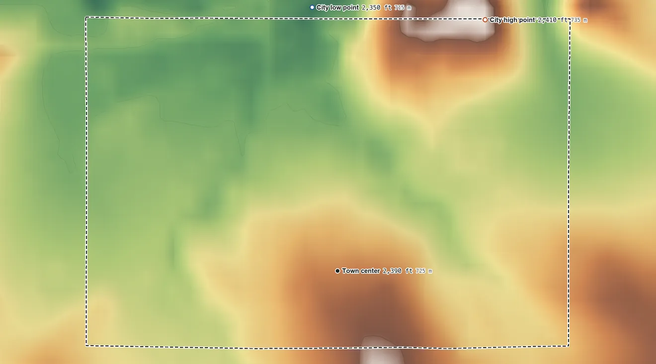Topographic elevation map of Dupree, South Dakota, shaded from 2,350 ft on the north side to 2,410 ft on the northeast side
