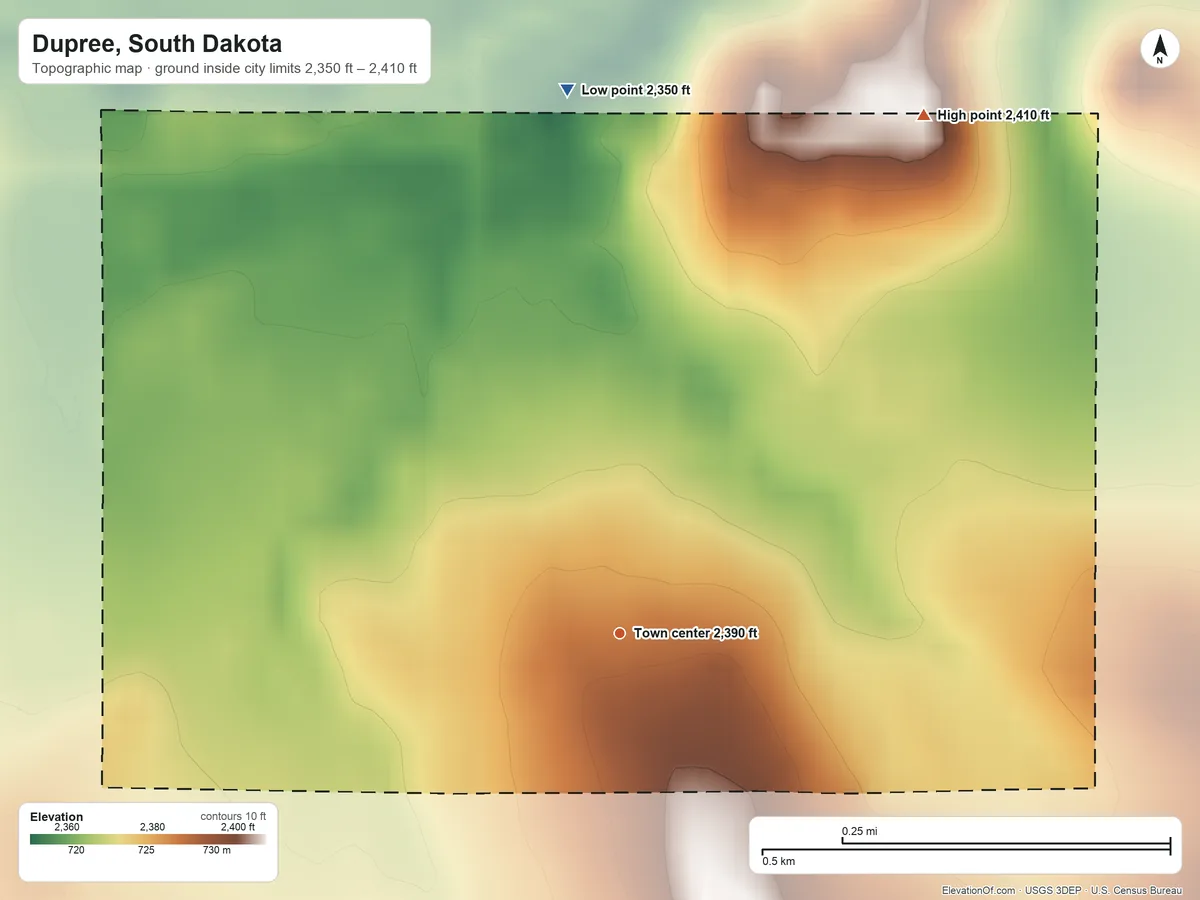 Topographic elevation map of Dupree, South Dakota, shaded from 2,350 ft on the north side to 2,410 ft on the northeast side