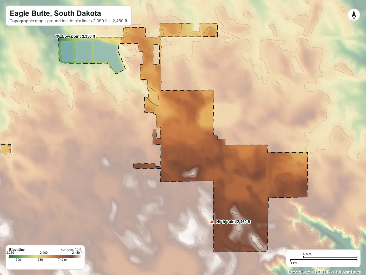 Topographic elevation map of Eagle Butte, South Dakota, shaded from 2,350 ft on the northwest side to 2,460 ft on the south side