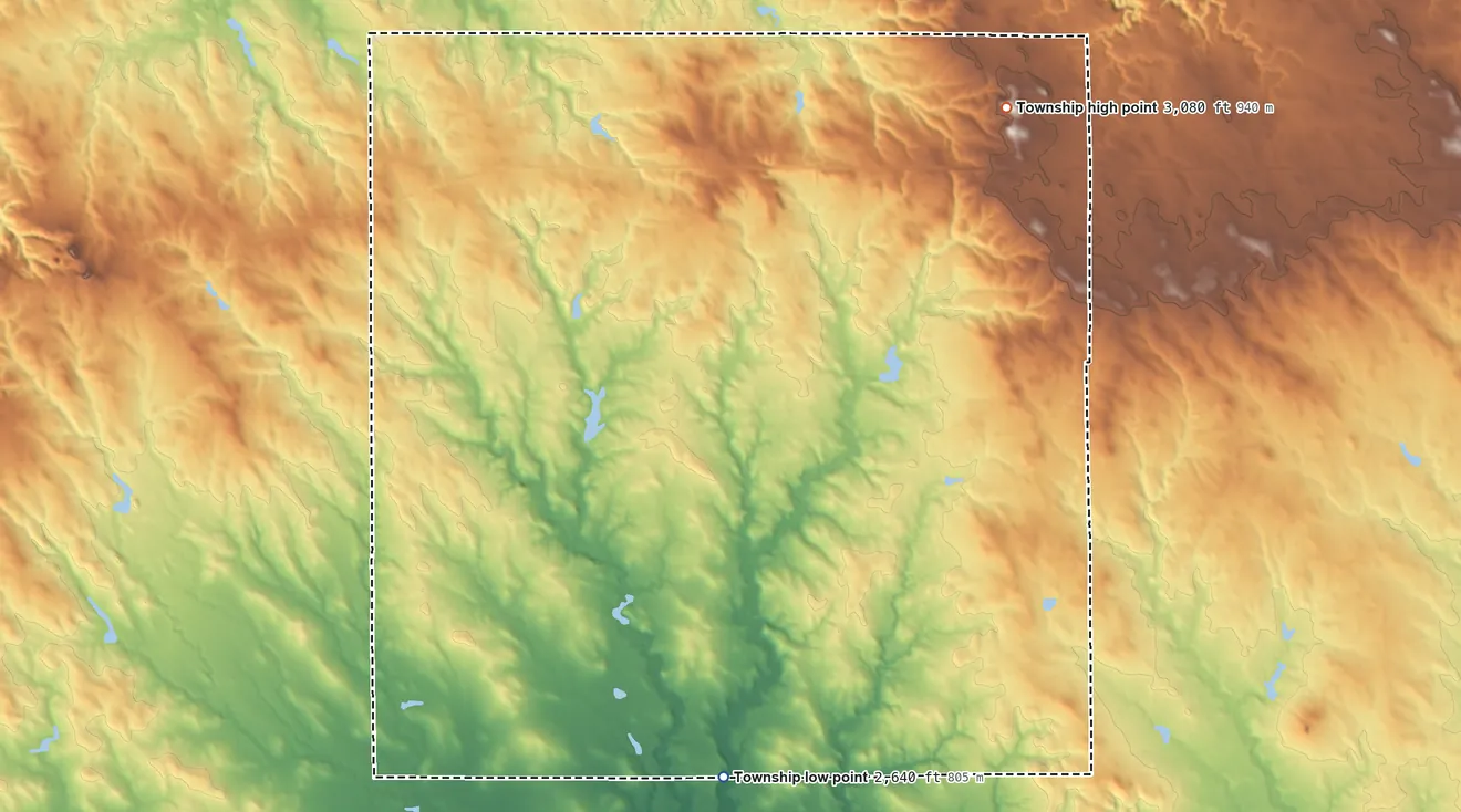 Topographic elevation map of Eagle Township, Meade County, South Dakota, shaded from 2,640 ft on the south side to 3,080 ft on the east side