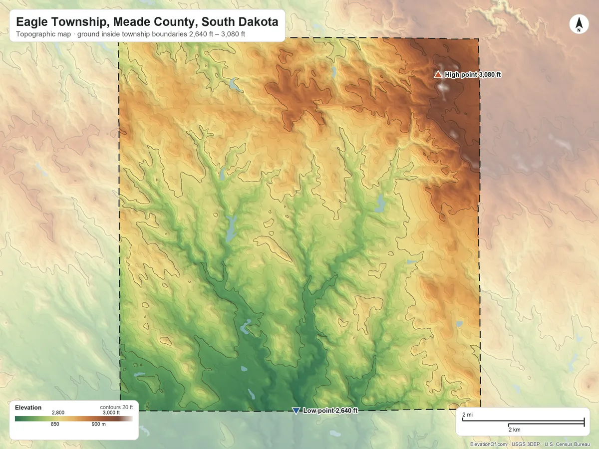 Topographic elevation map of Eagle Township, Meade County, South Dakota, shaded from 2,640 ft on the south side to 3,080 ft on the east side