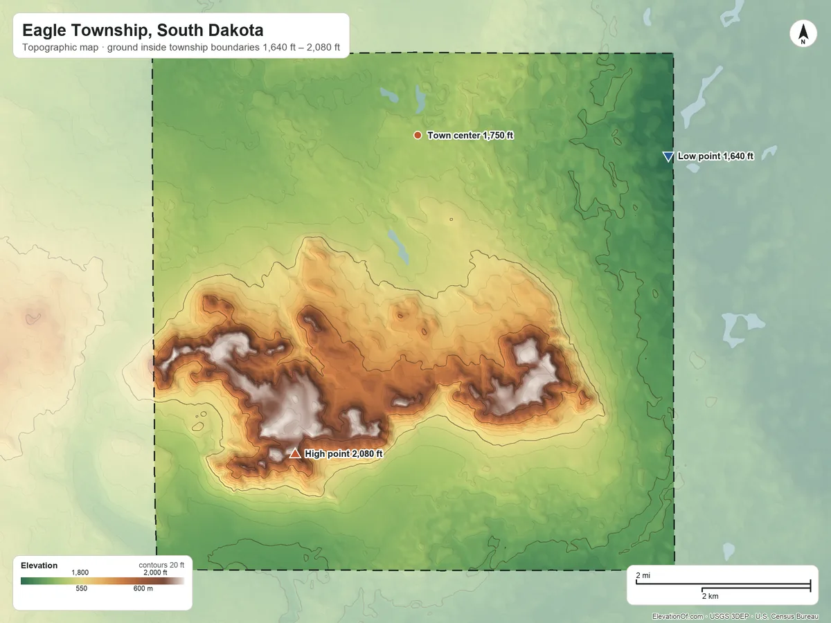 Topographic elevation map of Eagle Township, South Dakota, shaded from 1,640 ft on the east side to 2,080 ft on the south side