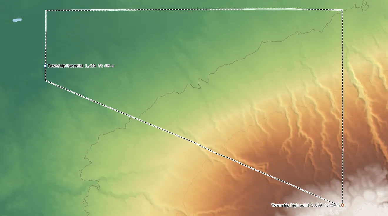 Topographic elevation map of East Choteau Township, South Dakota, shaded from 1,420 ft on the west side to 1,800 ft on the southeast side