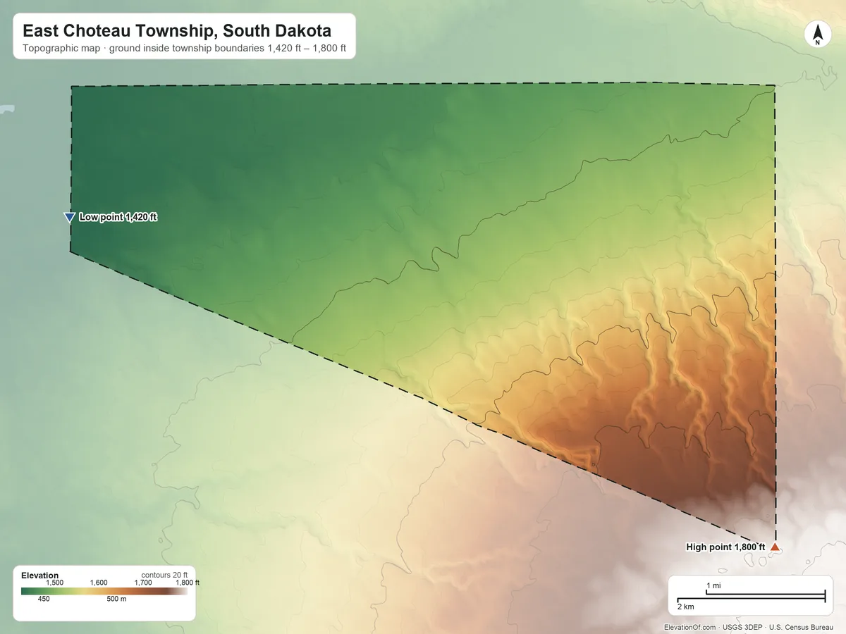 Topographic elevation map of East Choteau Township, South Dakota, shaded from 1,420 ft on the west side to 1,800 ft on the southeast side