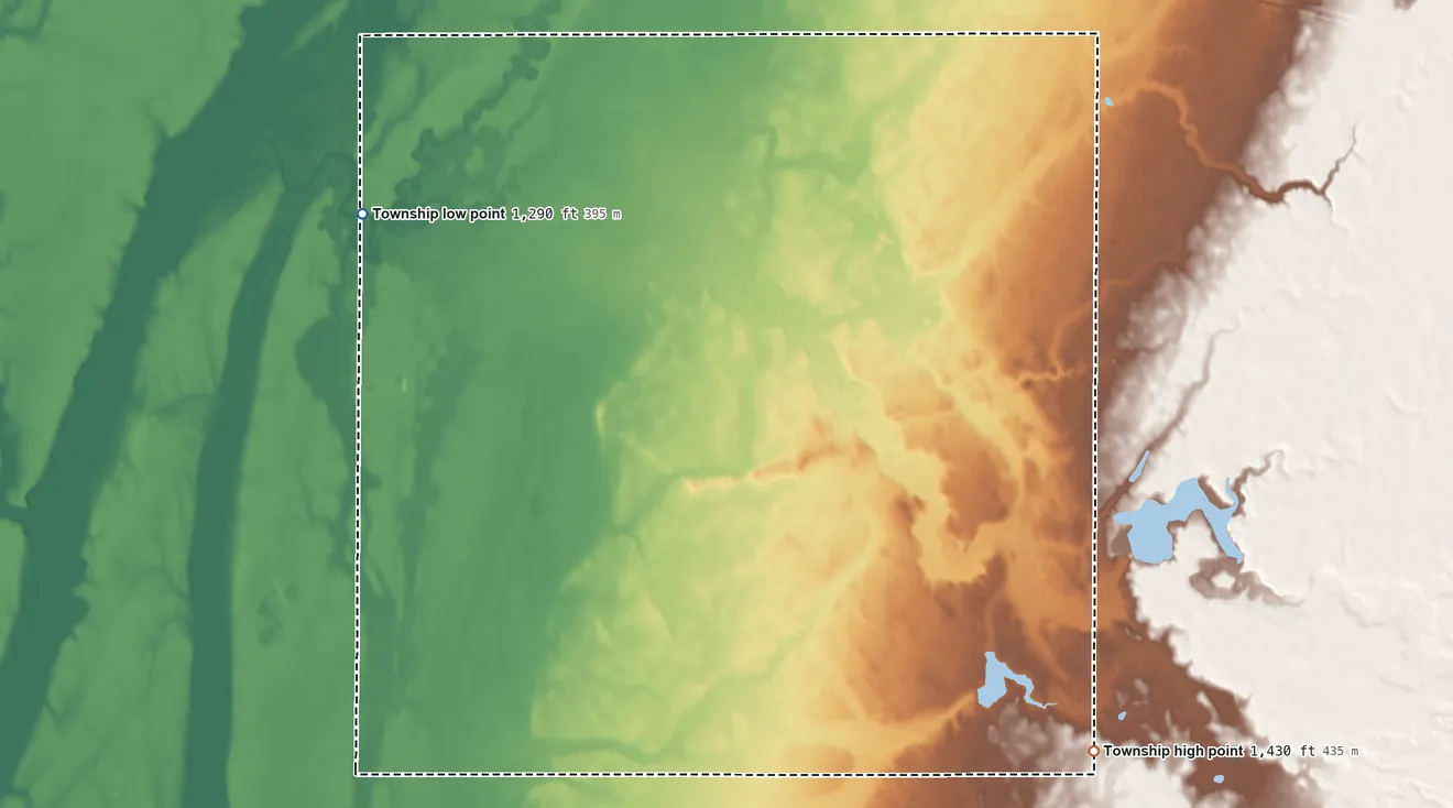 Topographic elevation map of East Hanson Township, South Dakota, shaded from 1,290 ft on the northwest side to 1,430 ft on the southeast side