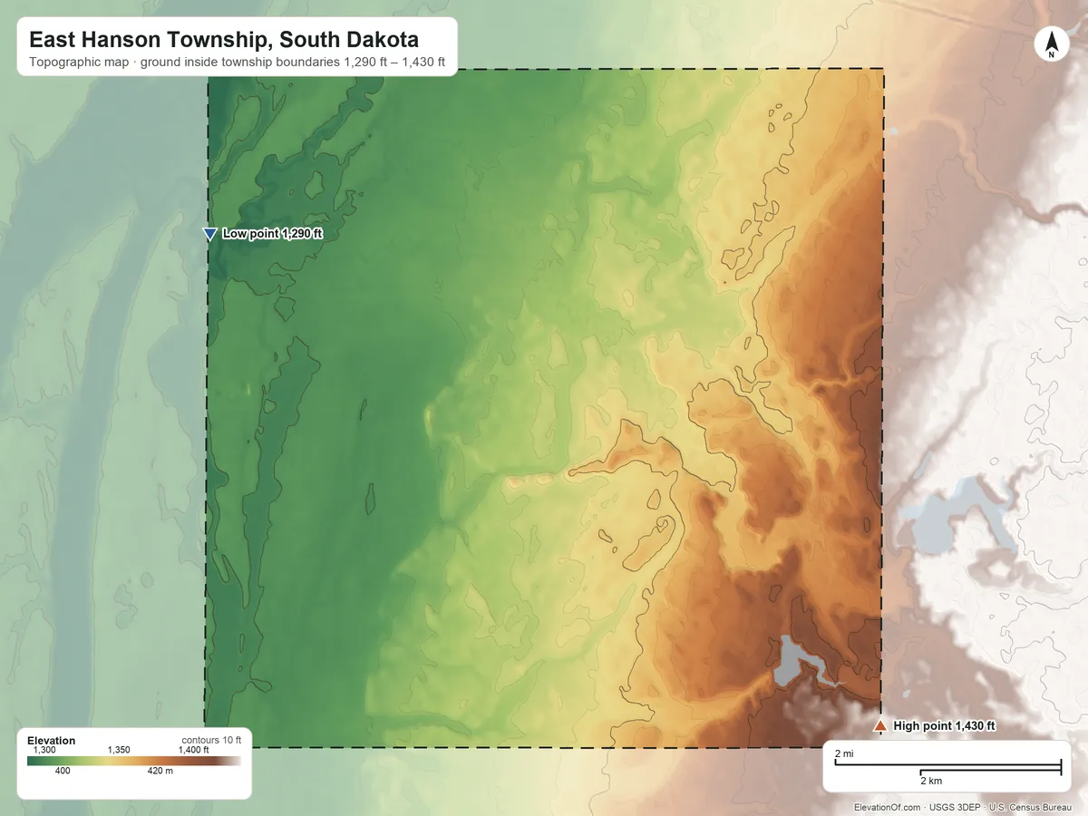 Topographic elevation map of East Hanson Township, South Dakota, shaded from 1,290 ft on the northwest side to 1,430 ft on the southeast side