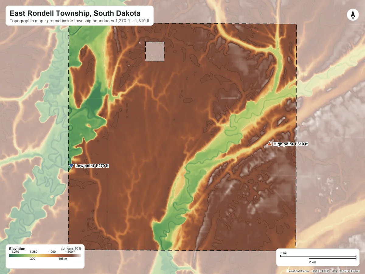 Topographic elevation map of East Rondell Township, South Dakota, shaded from 1,270 ft on the west side to 1,310 ft on the east side