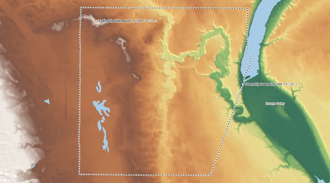 Topographic elevation map of Easter Township, South Dakota, shaded from 980 ft on the southeast side to 1,290 ft on the west side