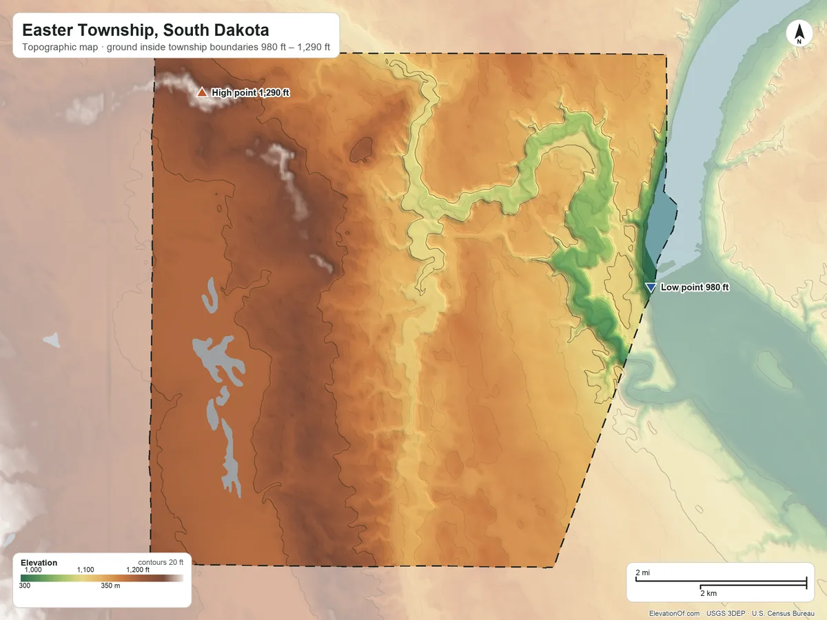 Topographic elevation map of Easter Township, South Dakota, shaded from 980 ft on the southeast side to 1,290 ft on the west side
