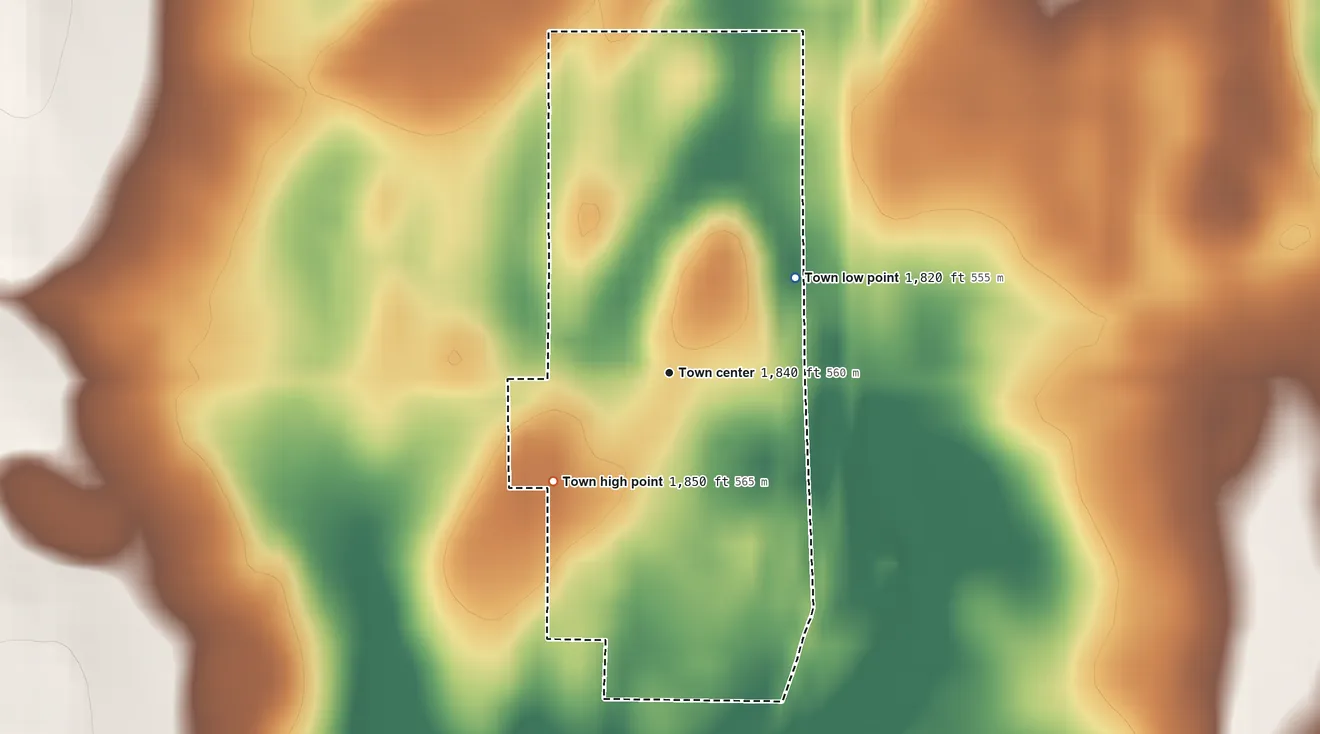 Topographic elevation map of Eden, South Dakota, shaded from 1,820 ft on the northeast side to 1,850 ft on the southwest side