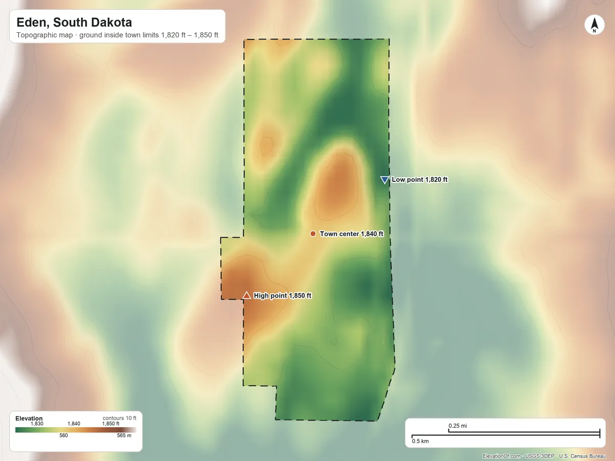 Topographic elevation map of Eden, South Dakota, shaded from 1,820 ft on the northeast side to 1,850 ft on the southwest side