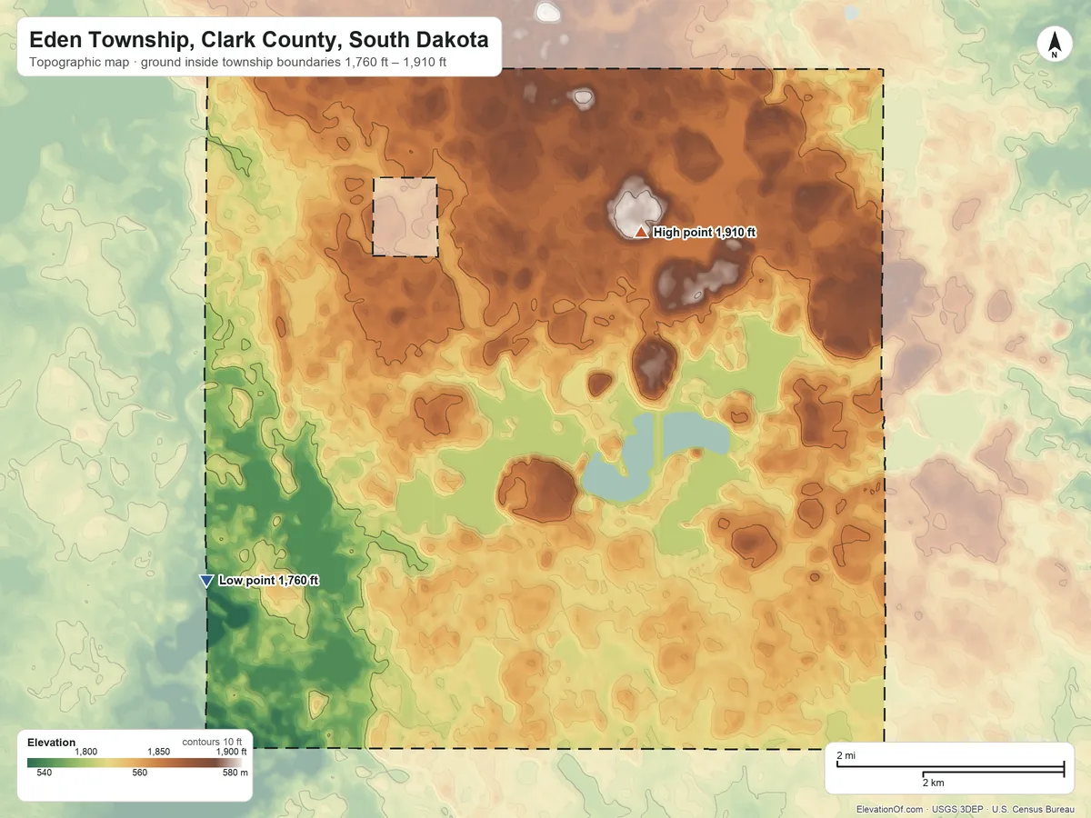 Topographic elevation map of Eden Township, Clark County, South Dakota, shaded from 1,760 ft on the west side to 1,910 ft on the northeast side
