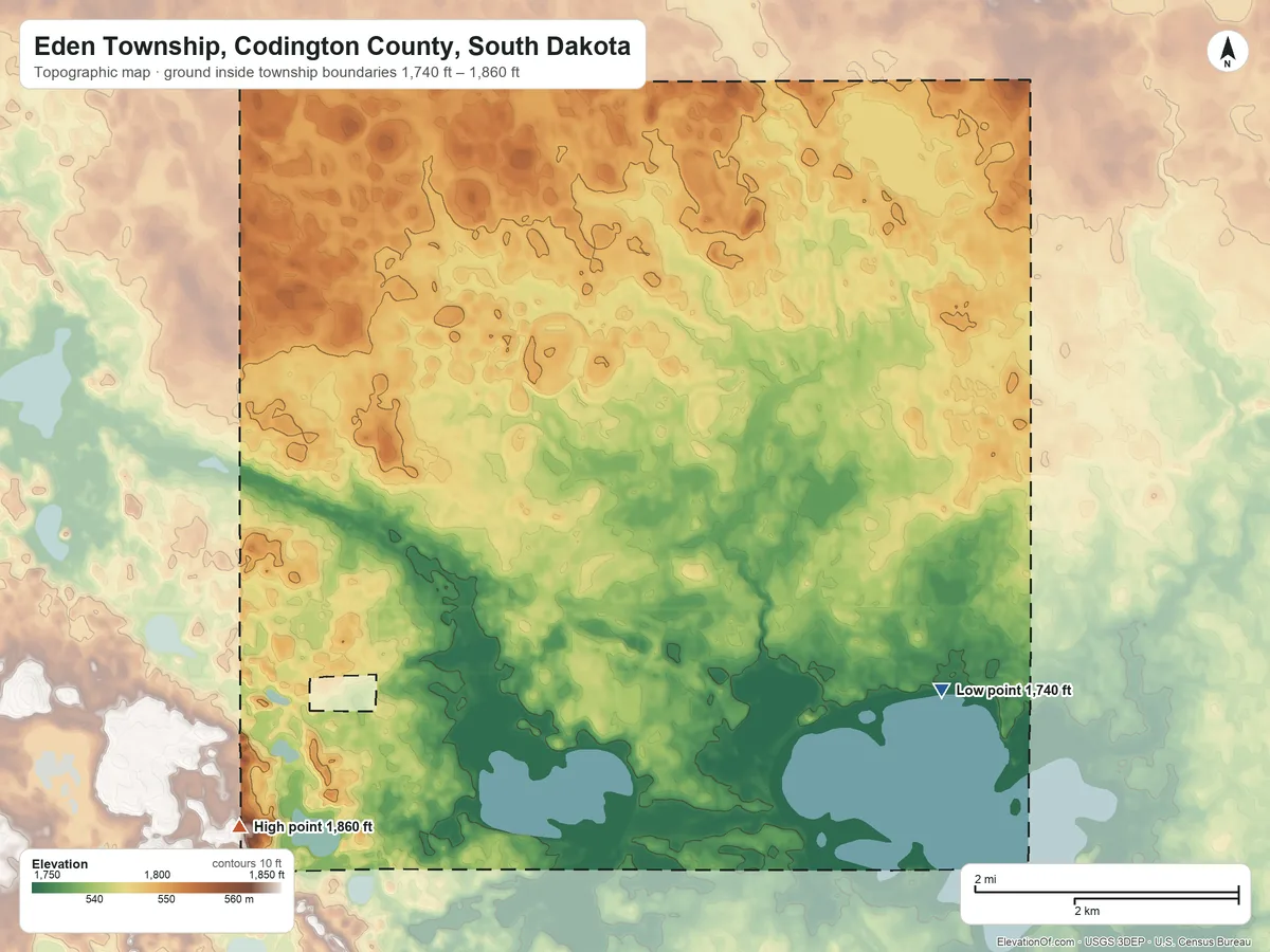Topographic elevation map of Eden Township, Codington County, South Dakota, shaded from 1,740 ft on the southeast side to 1,860 ft on the southwest side
