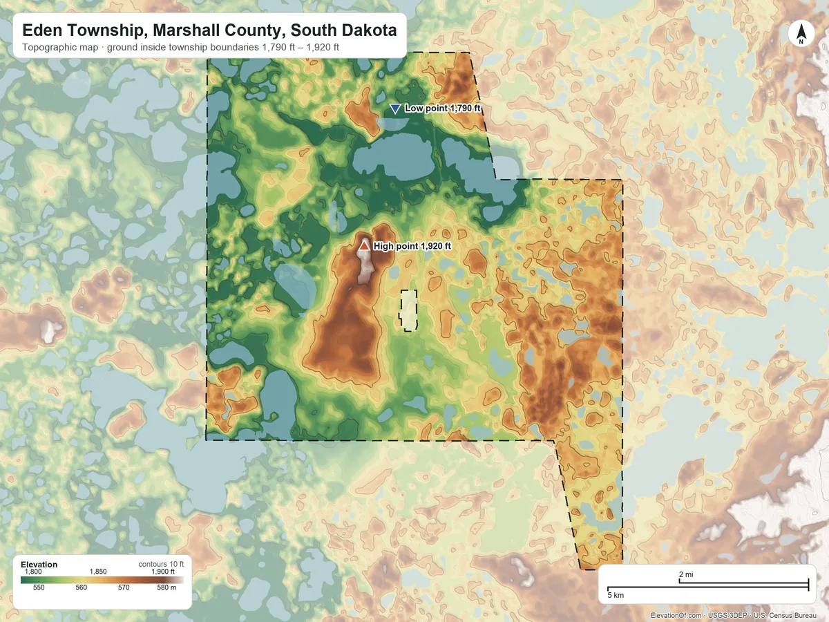 Topographic elevation map of Eden Township, Marshall County, South Dakota, shaded from 1,790 ft on the northwest side to 1,920 ft on the west side