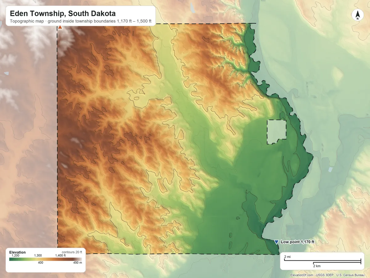 Topographic elevation map of Eden Township, South Dakota, shaded from 1,170 ft on the southeast side to 1,500 ft on the northwest side