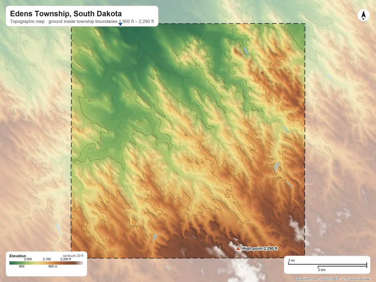 Topographic elevation map of Edens Township, South Dakota, shaded from 1,900 ft on the northwest side to 2,290 ft on the south side