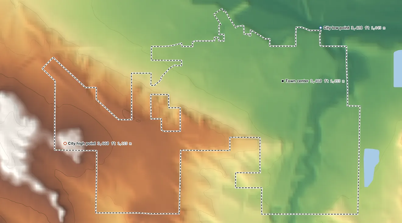 Topographic elevation map of Edgemont, South Dakota, shaded from 3,420 ft on the northeast side to 3,660 ft on the west side