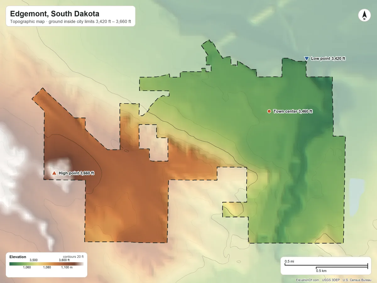 Topographic elevation map of Edgemont, South Dakota, shaded from 3,420 ft on the northeast side to 3,660 ft on the west side