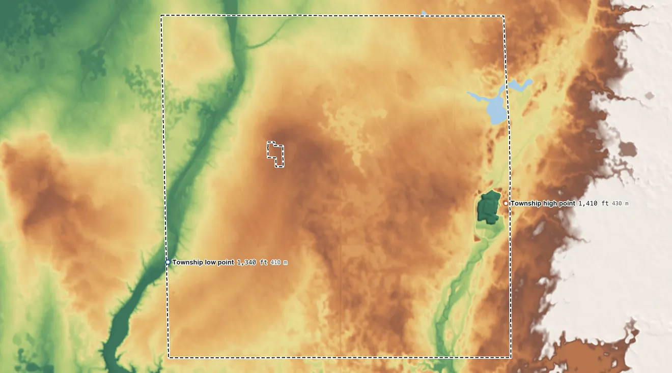 Topographic elevation map of Edgerton Township, South Dakota, shaded from 1,340 ft on the west side to 1,410 ft on the east side