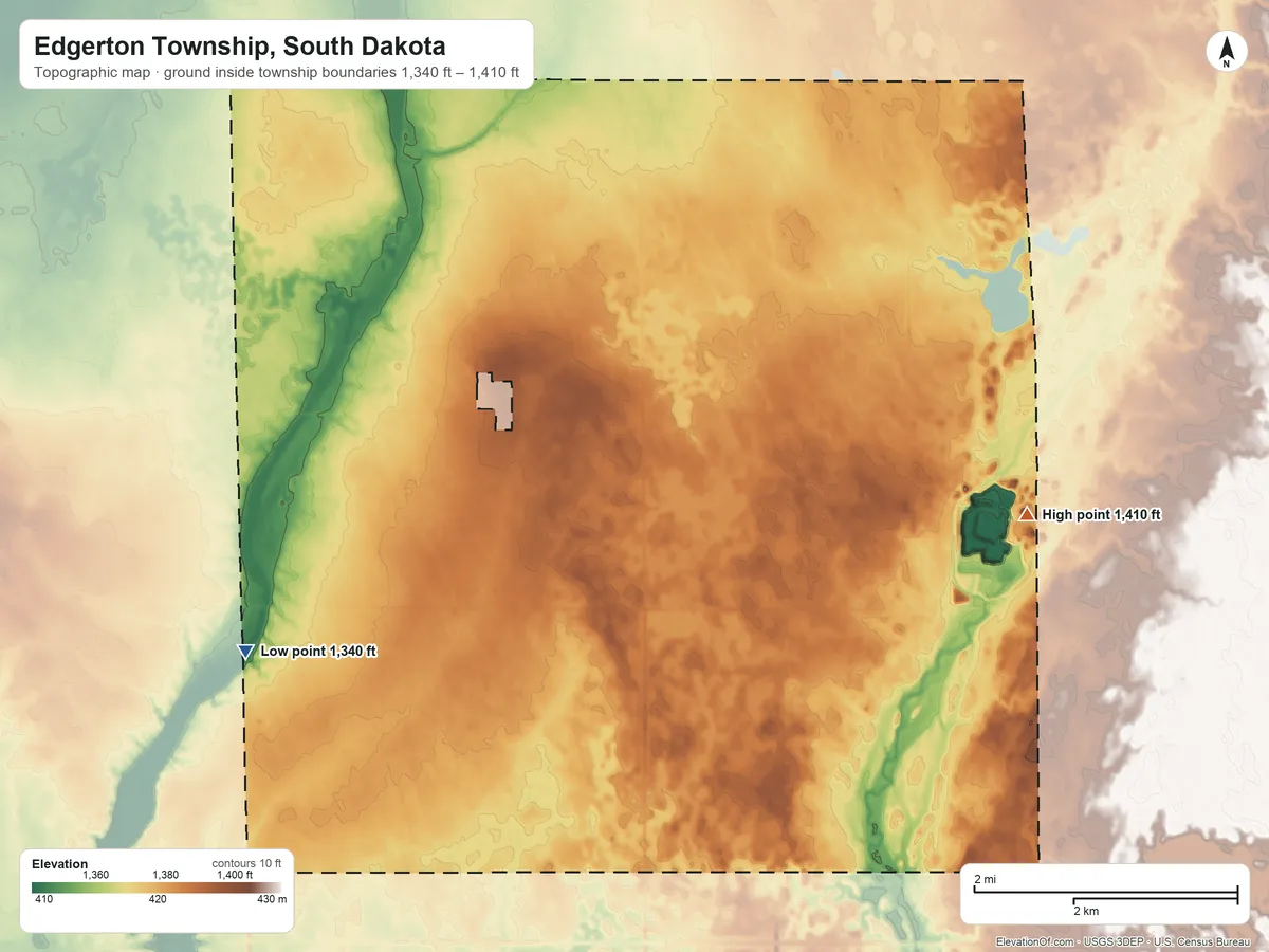 Topographic elevation map of Edgerton Township, South Dakota, shaded from 1,340 ft on the west side to 1,410 ft on the east side