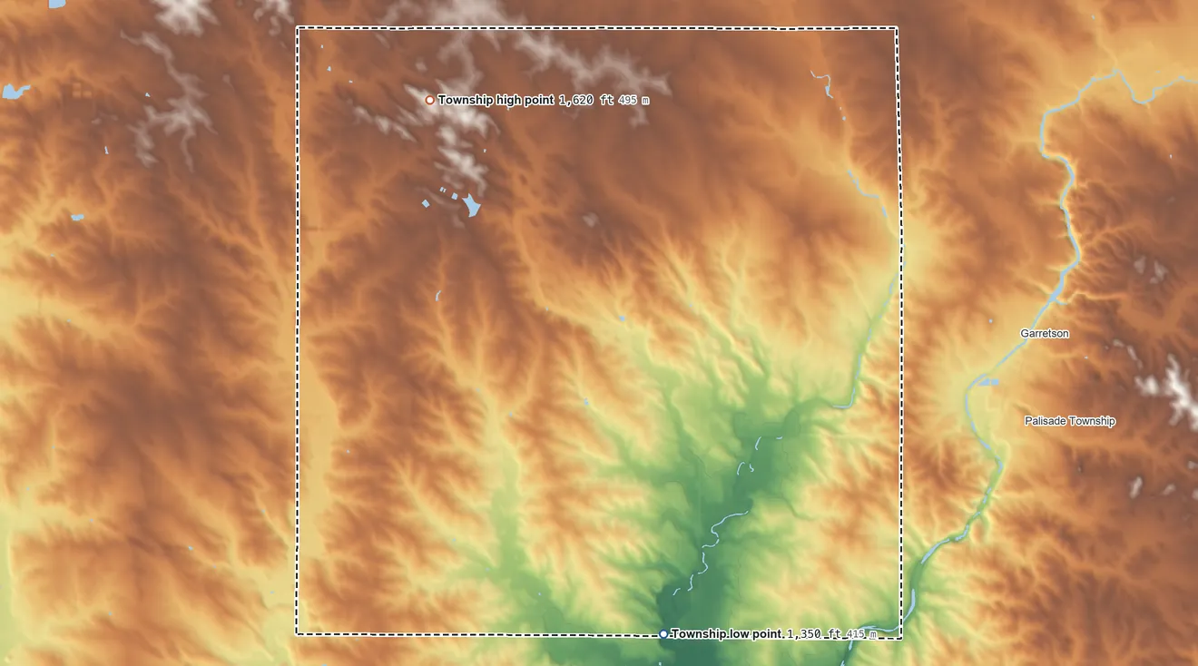 Topographic elevation map of Edison Township, South Dakota, shaded from 1,350 ft on the southeast side to 1,620 ft on the northwest side