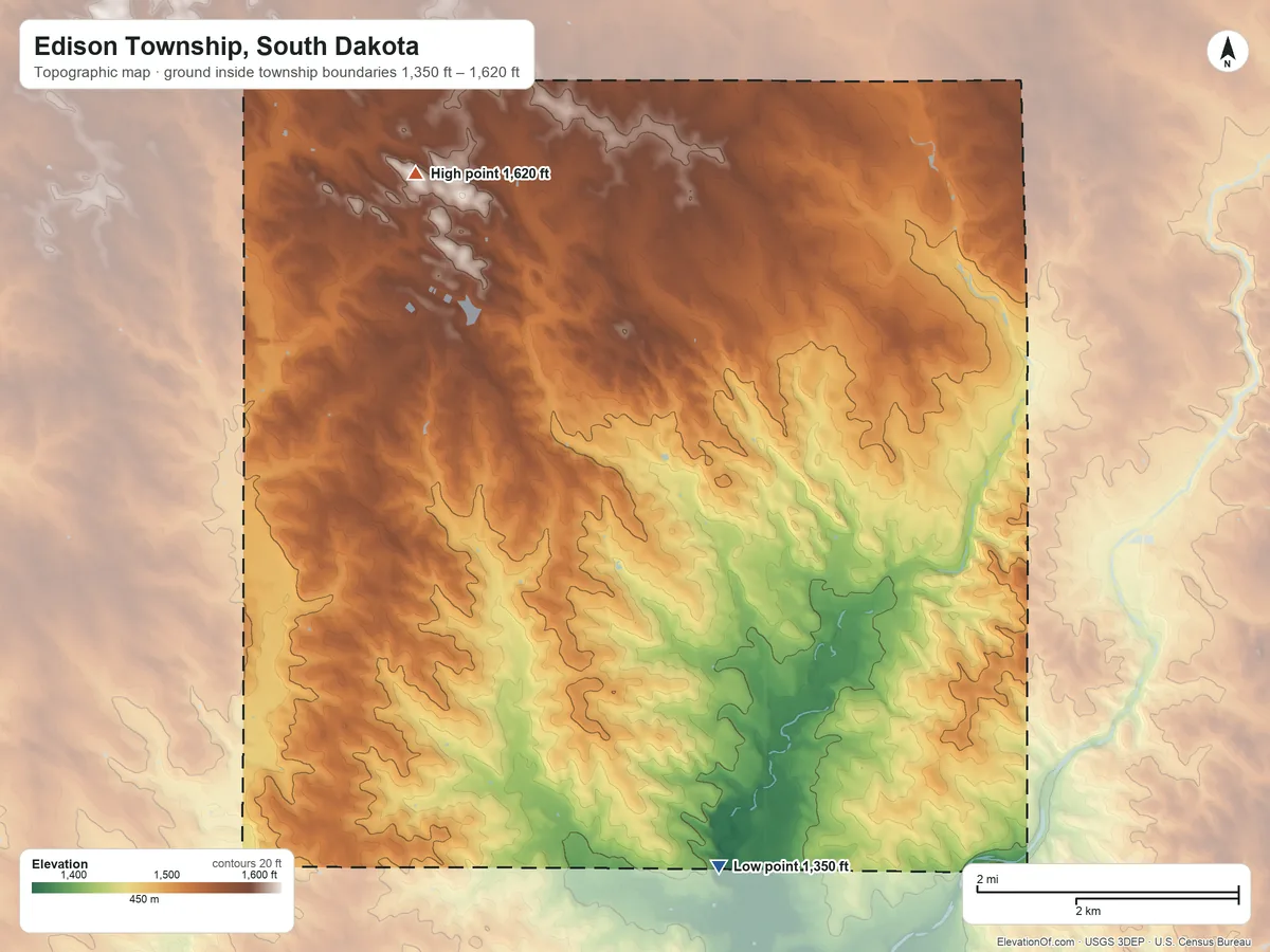 Topographic elevation map of Edison Township, South Dakota, shaded from 1,350 ft on the southeast side to 1,620 ft on the northwest side