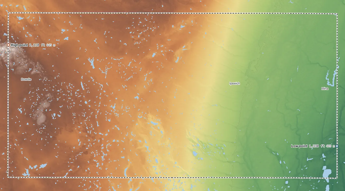 Topographic elevation map of Edmunds County, South Dakota, shaded from 1,330 ft on the east side to 2,110 ft on the west side