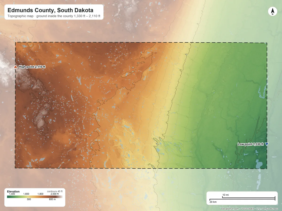 Topographic elevation map of Edmunds County, South Dakota, shaded from 1,330 ft on the east side to 2,110 ft on the west side