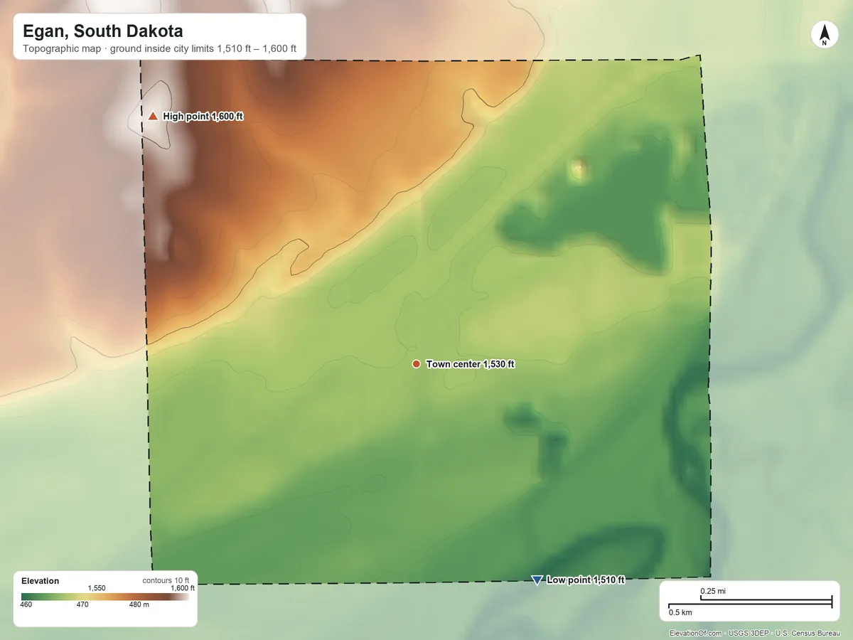 Topographic elevation map of Egan, South Dakota, shaded from 1,510 ft on the southeast side to 1,600 ft on the northwest side