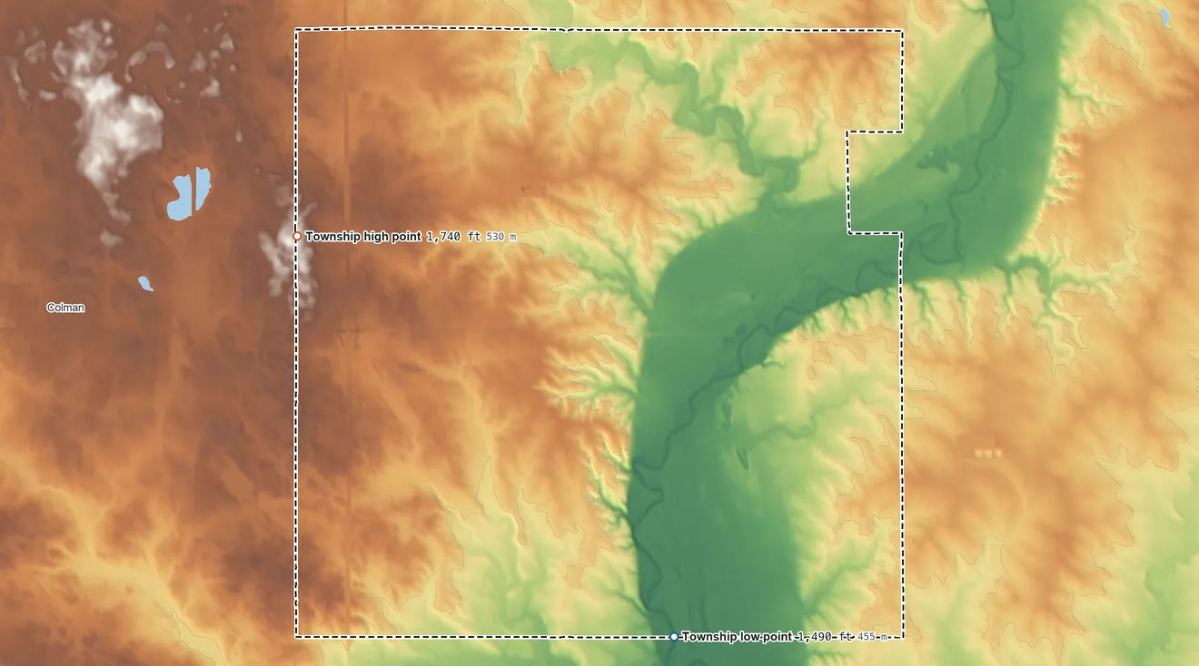 Topographic elevation map of Egan Township, South Dakota, shaded from 1,490 ft on the southeast side to 1,740 ft on the northwest side