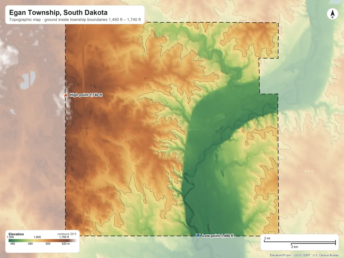 Topographic elevation map of Egan Township, South Dakota, shaded from 1,490 ft on the southeast side to 1,740 ft on the northwest side