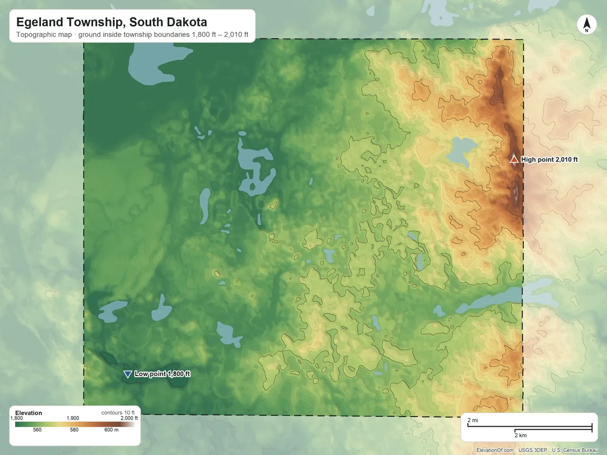 Topographic elevation map of Egeland Township, South Dakota, shaded from 1,800 ft on the southwest side to 2,010 ft on the northeast side