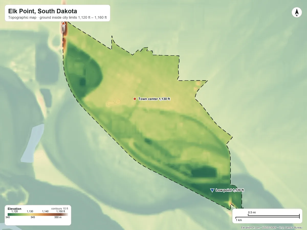 Topographic elevation map of Elk Point, South Dakota, shaded from 1,120 ft on the southeast side to 1,160 ft on the northwest side
