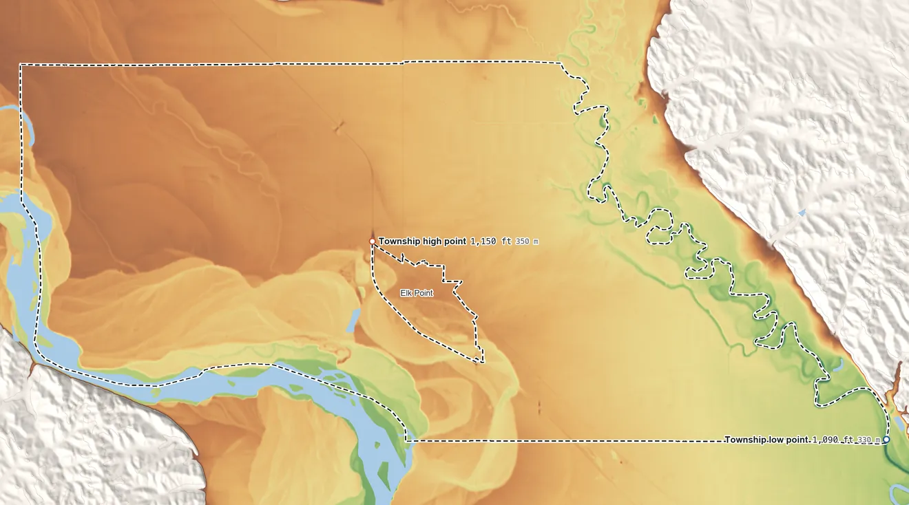 Topographic elevation map of Elk Point Township, South Dakota, shaded from 1,090 ft on the east side to 1,150 ft near the middle