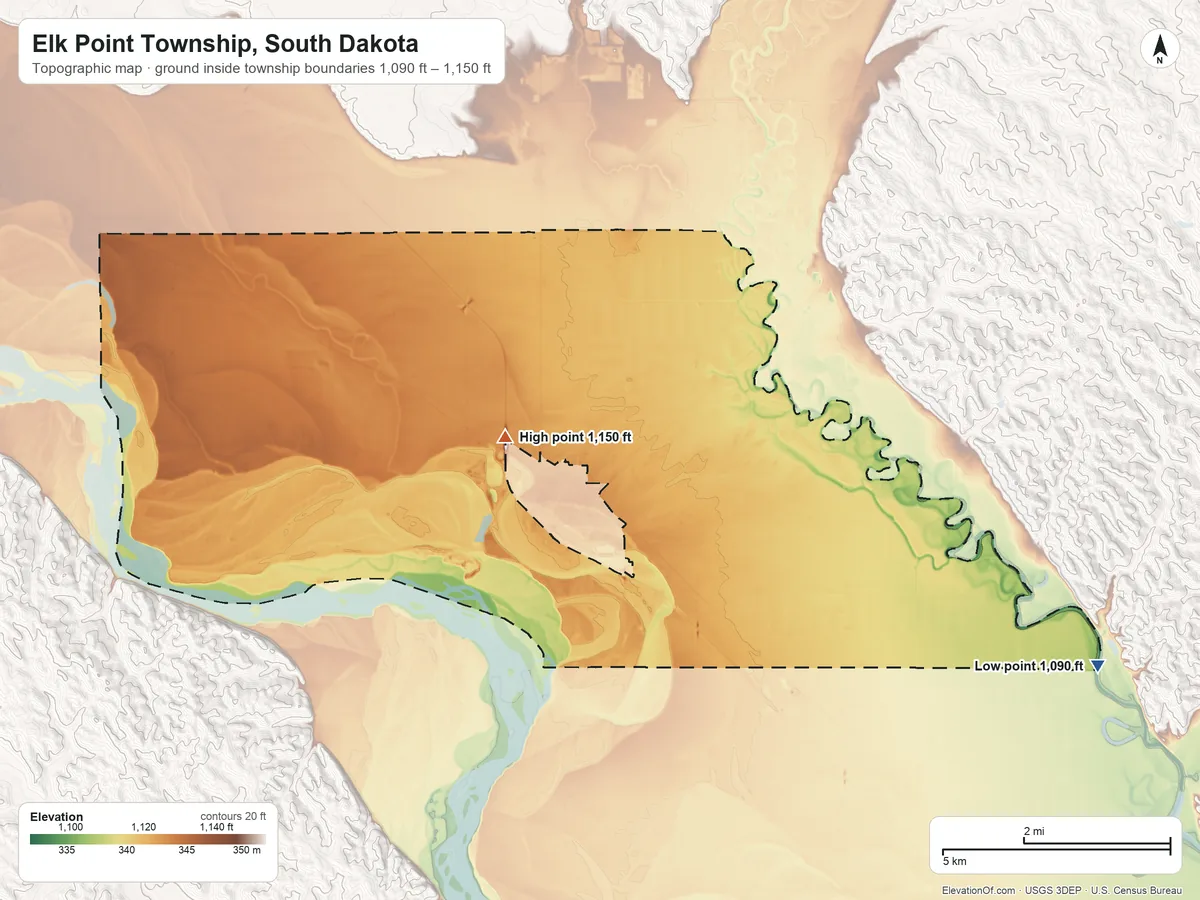 Topographic elevation map of Elk Point Township, South Dakota, shaded from 1,090 ft on the east side to 1,150 ft near the middle