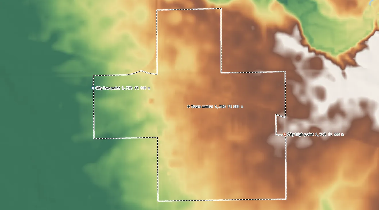 Topographic elevation map of Elkton, South Dakota, shaded from 1,730 ft on the west side to 1,760 ft on the east side