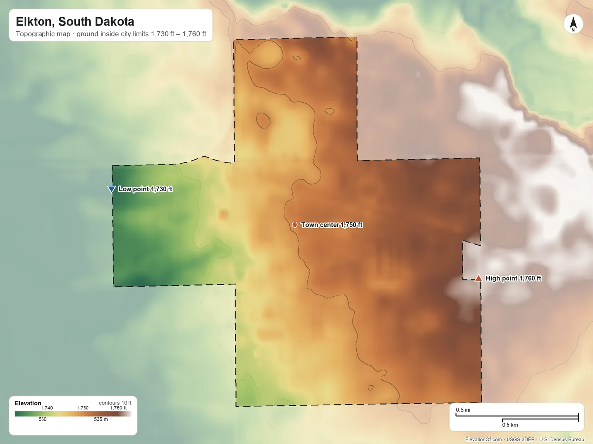 Topographic elevation map of Elkton, South Dakota, shaded from 1,730 ft on the west side to 1,760 ft on the east side