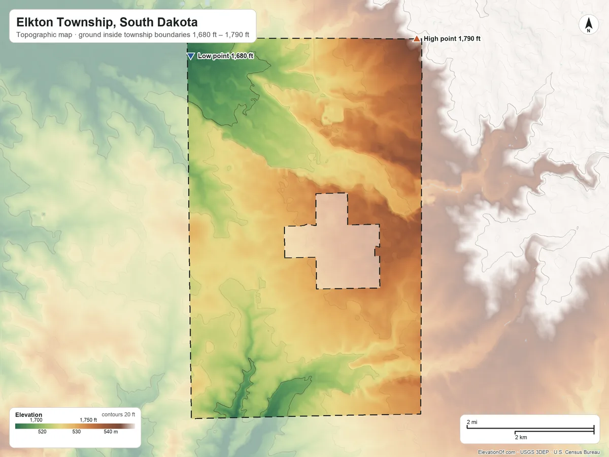 Topographic elevation map of Elkton Township, South Dakota, shaded from 1,680 ft on the northwest side to 1,790 ft on the northeast side